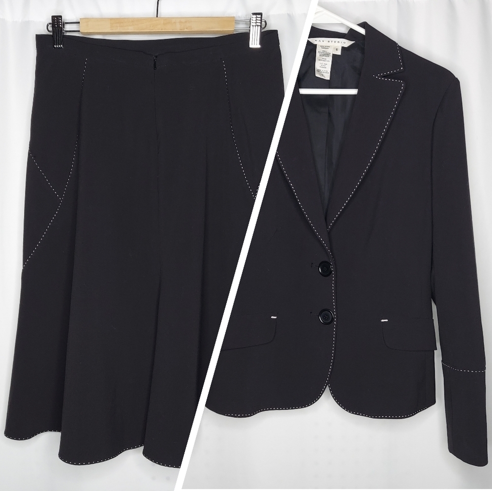 Max Studio Skirt Suit Set 6 Blazer Button Top Stitch Black‎ Tan Witchy Corpcore